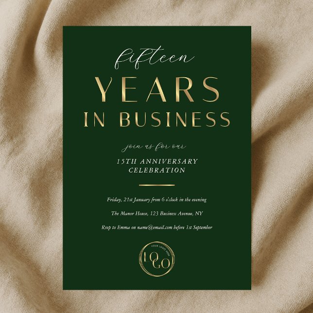 Elegant Green & Gold Logo Business Anniversary Inbjudningar (Skapare uppladdad)