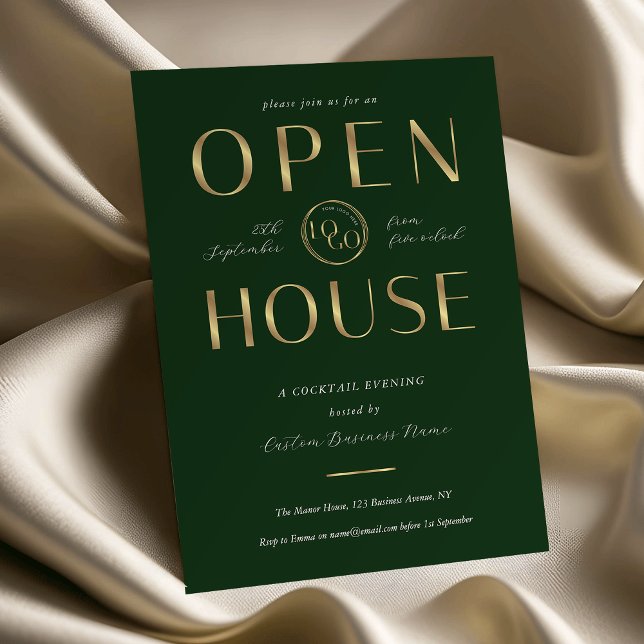 Elegant Green & Gold Logo Business Open House Inbjudningar (Skapare uppladdad)