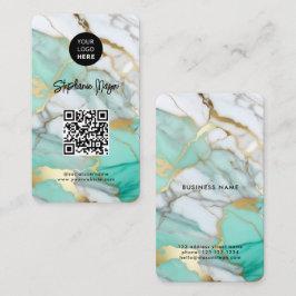 Elegant Green Gold Marble Logo & QR Code Modern Visitkort
