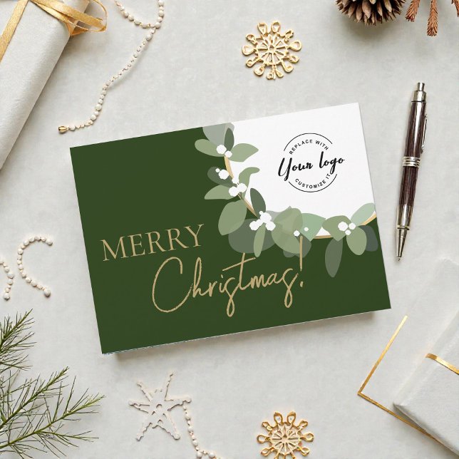 Elegant Green gold Merry Christmas Company Logo  Julkort (Modern, professional Green gold with Custom Logo Business Christmas corporate card.)