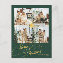 Elegant Green & Gold Merry Christmas Photo -