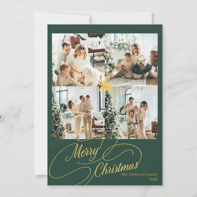 Elegant Green & Gold Merry Christmas Photo -  Julkort (Framsida)