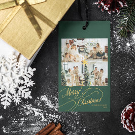 Elegant Green & Gold Merry Christmas Photo - Presentetikett
