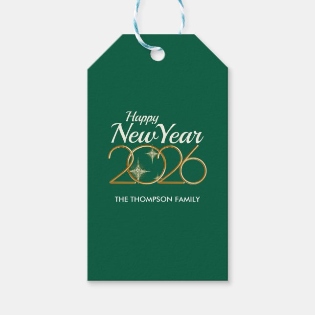 Elegant Green & Gold “New Year 2026” Personalized  Presentetikett (Framsidan)