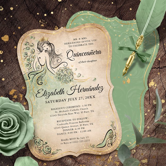 Elegant Green Gold Princess Quinceanera Birthday Inbjudningar (Bring your fairytale to life with these gold and sage green birthday invitations fit for a princess.)