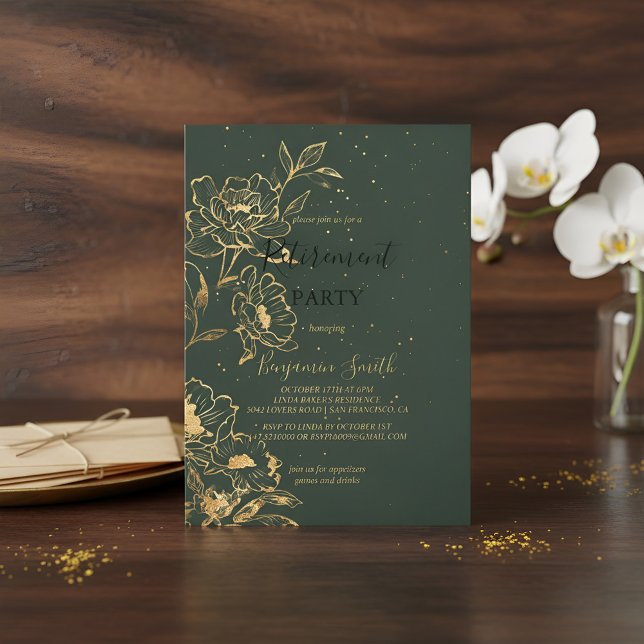 Elegant Green Gold Retirement Party Invitation Flo Inbjudningar (Skapare uppladdad)