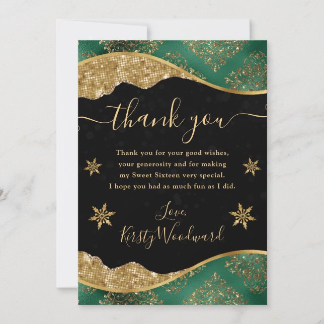 Elegant Green & Gold Snowflake Sweet 16 Tack Kort (Framsida)