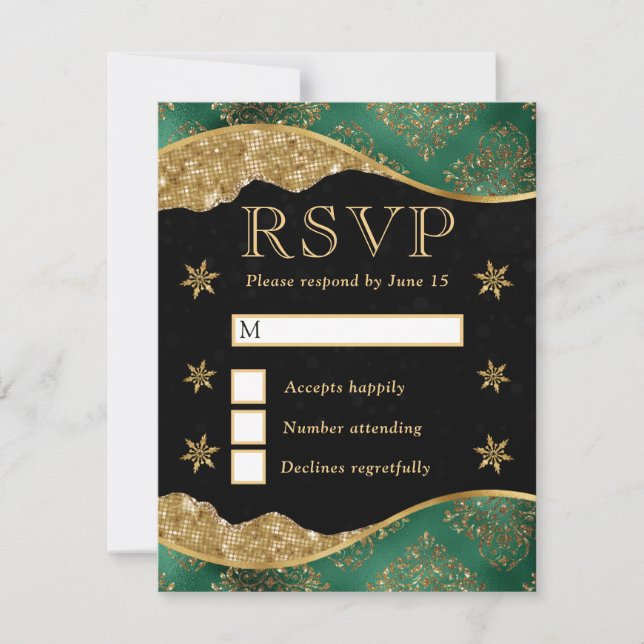 Elegant Green & Gold Snowflake Wedding OSA Kort (Framsida)