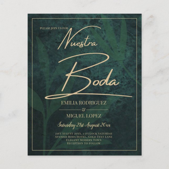 Elegant Green Gold Spanish BODA QR-kod RSVP Flygblad (Framsidan)