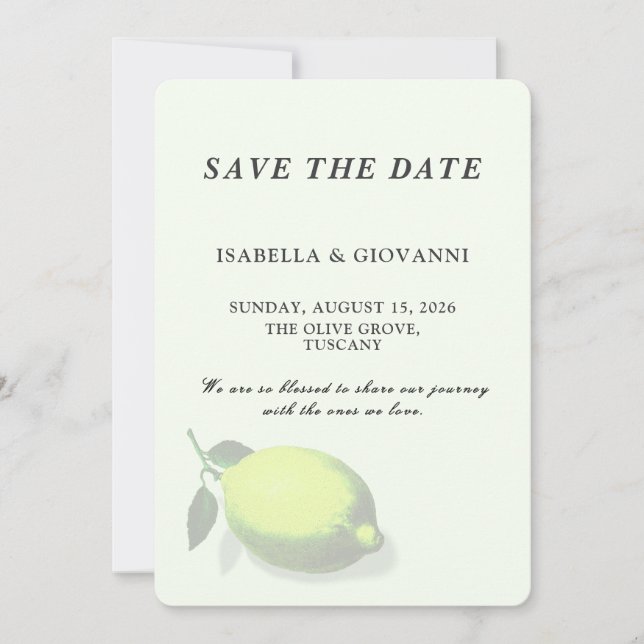 Elegant Green Lemon Tuscany Wedding Save The Date Inbjudningar (Framsida)