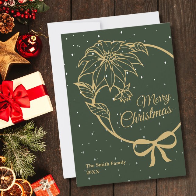 Elegant Green Merry Christmas Poinsettia Flat Julkort (Skapare uppladdad)