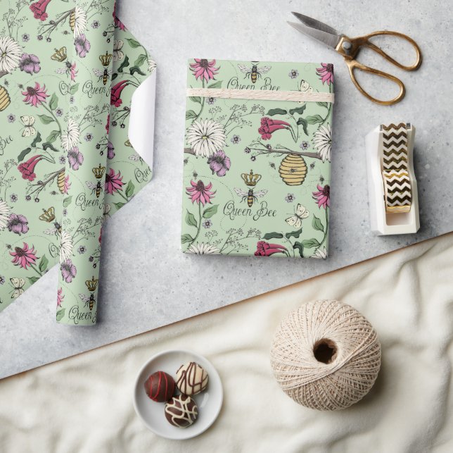 Elegant Green Morsdagsdrottningbee och blommor Presentpapper (Hantverk)