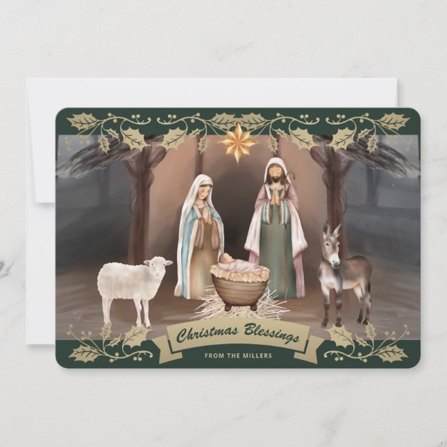 Elegant Green Nativity Scene Christian Christmas Julkort (Framsida)