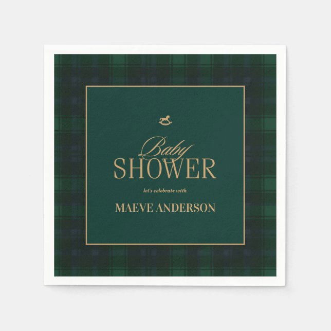 Elegant Green navy gold Plaid tartan Baby shower Pappersservett (Framsidan)
