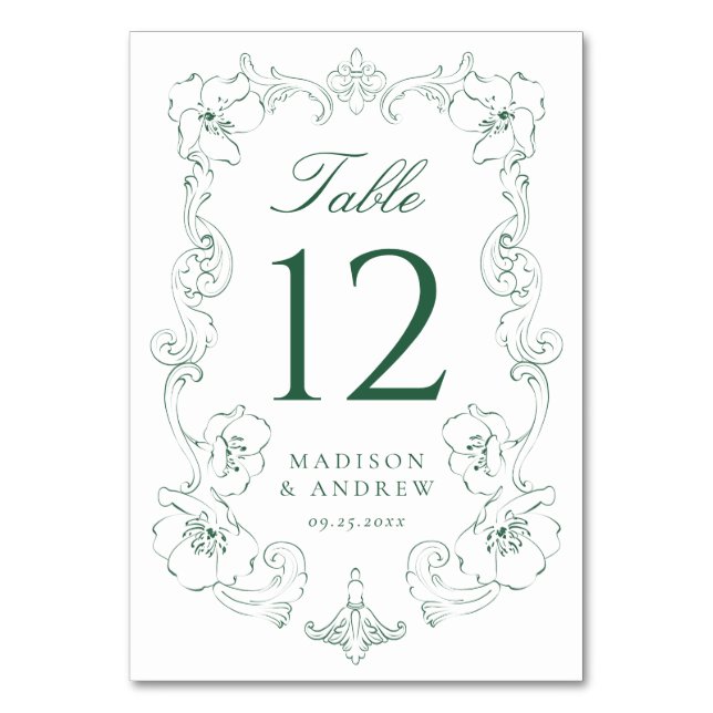 Elegant Green Ornate Floral Frame Wedding Bordsnummer (Framsidan)