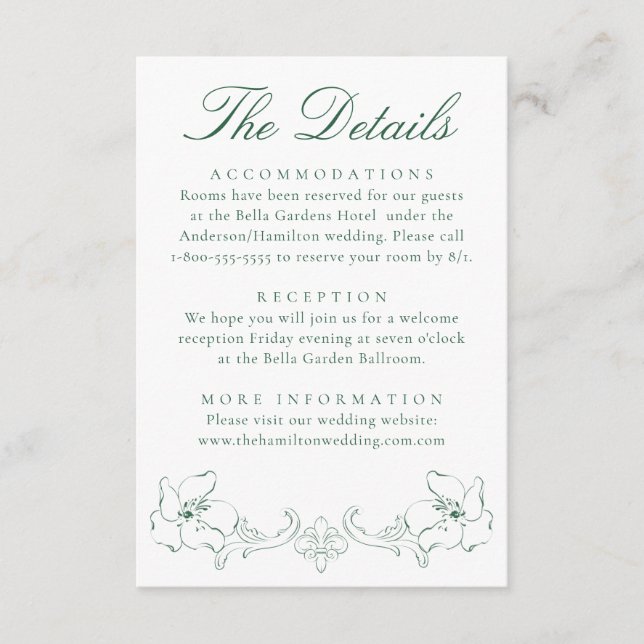 Elegant Green Ornate Floral Wedding Details Tilläggskort (Framsida)
