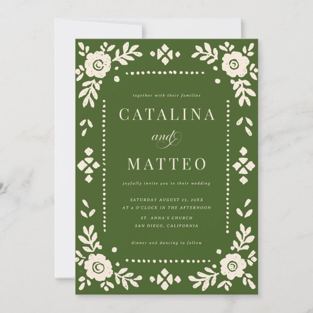 Elegant Green Papel Picado Wedding Inbjudningar (Framsida)