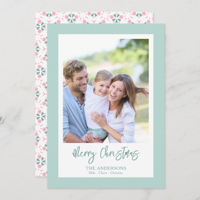 Elegant Green Photo Pattern Script Christmas Julkort (Fram/baksida)