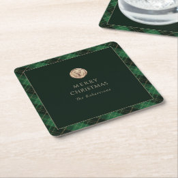 Elegant Green Plaid Merry Christmas Underlägg Papper Kvadrat