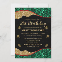 Elegant Green Red & Gold Snowflake 21st Birthday