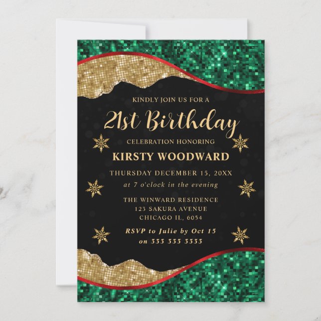 Elegant Green Red & Gold Snowflake 21st Birthday Inbjudningar (Framsida)