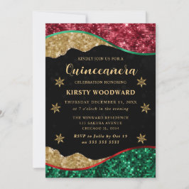 Elegant Green Red & Gold Snowflake Quinceanera Inbjudningar