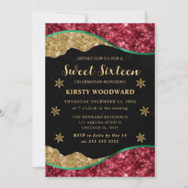 Elegant Green Red & Gold Snowflake Sweet 16 Inbjudningar