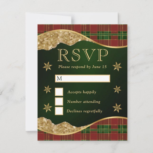 Elegant Green & Red Plaid Snowflake Wedding OSA Kort (Framsida)