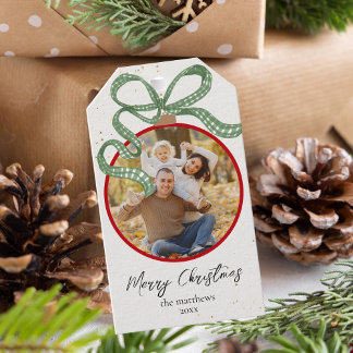 Elegant Green Ribbon Photo Christmas Presentetikett