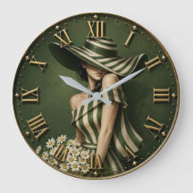 Elegant Green Striped Lady with Wide Brim Hat