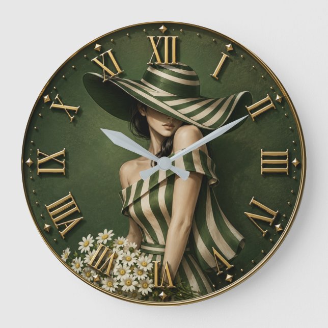 Elegant Green Striped Lady  with Wide Brim Hat  Stor Klocka (Framsida)