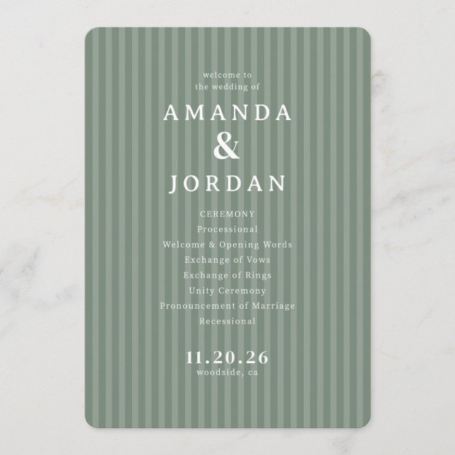 Elegant Green Striped Wedding Ceremony Program (Framsida)
