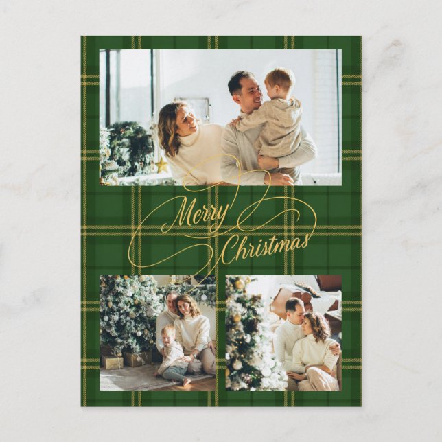 Elegant Green Tartan Family Photo Christmas Card Helg Vykort (Framsida)