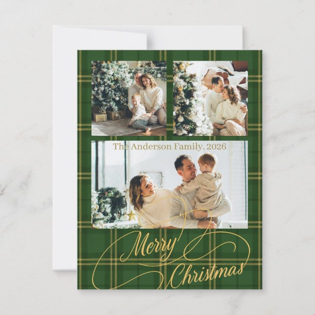 Elegant Green Tartan Family Photo Christmas Card Julkort (Framsida)