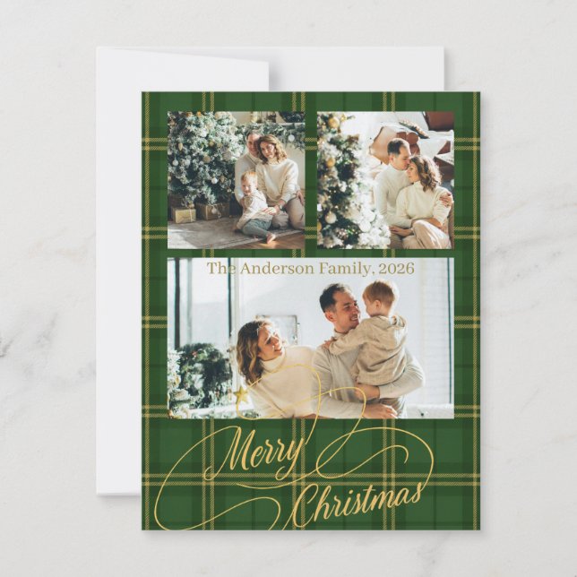Elegant Green Tartan Family Photo Christmas Card Julkort (Framsida)