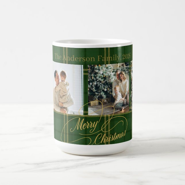 Elegant Green Tartan Family Photo Christmas Card Kaffemugg (Center)