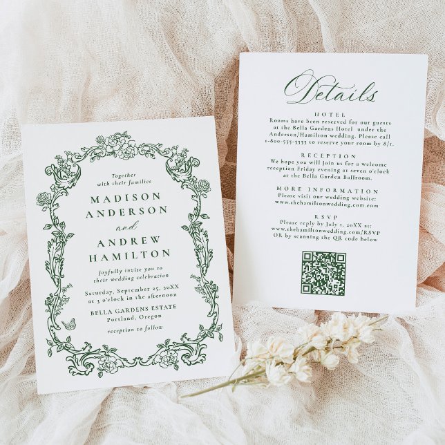 Elegant Green Victorian Floral All in One Wedding Inbjudningar (Skapare uppladdad)