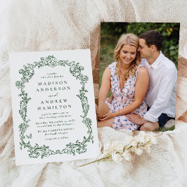 Elegant Green Victorian Floral Photo Wedding Inbjudningar