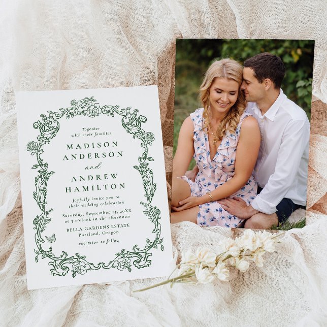 Elegant Green Victorian Floral Photo Wedding Inbjudningar (Skapare uppladdad)