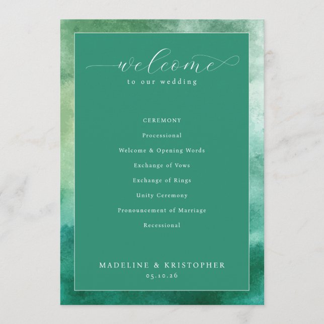 Elegant Green Watercolor Wedding Ceremony Program (Framsida)
