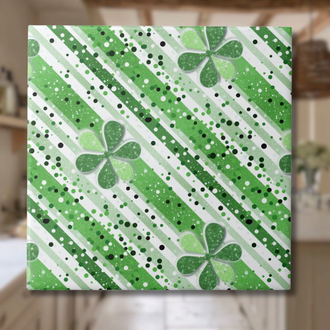 Elegant Green White Stripes Shamrock Glitter Kakelplatta (Skapare uppladdad)