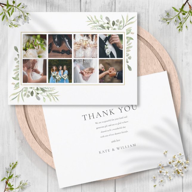 Elegant Greenery 8 Foto Collage Bröllop Tack Kort (Elegant Greenery 8 Photo Collage Wedding Thank You Card)