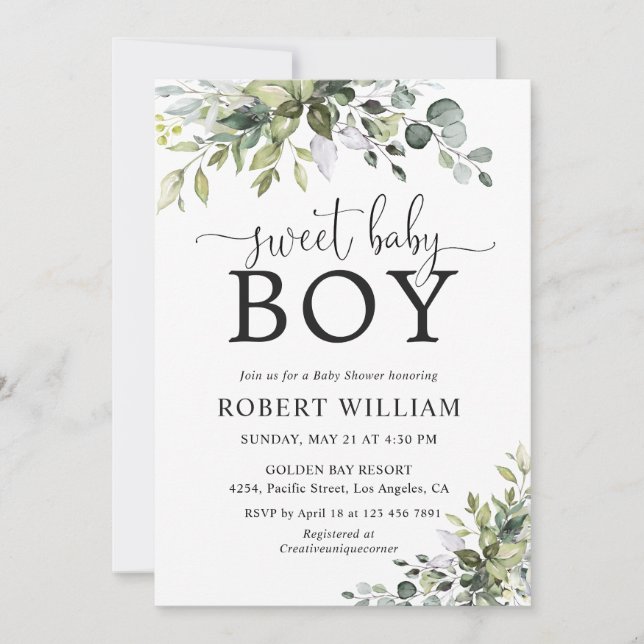 Elegant Greenery Baby Shower-inbjudan Inbjudningar (Framsida)