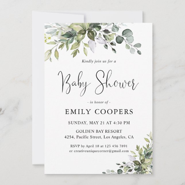Elegant Greenery Baby Shower-inbjudan Inbjudningar (Framsida)