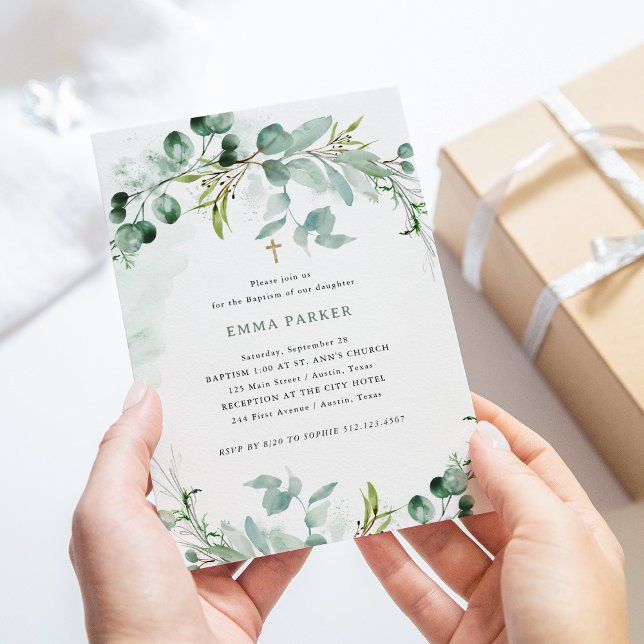 Elegant Greenery | Baptism Inbjudningar (An elegant Baptism invitation with pretty watercolor eucalyptus greenery)