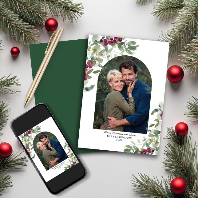 Elegant Greenery Berries Arch julfoto Julkort (Elegant Greenery Berries Arch Christmas Photo Holiday Card)