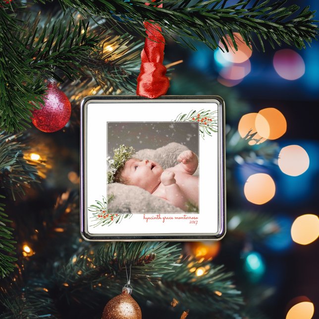 Elegant Greenery Berries Jul Photo Ram Julgransprydnad Metall (Elegant Greenery Berries Christmas Photo Frame Metal Ornament)