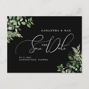Elegant Greenery Black Photo Save Date Meddelande Vykort