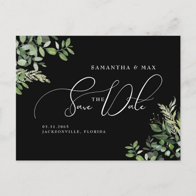 Elegant Greenery Black Photo Save Date Meddelande Vykort (Framsida)