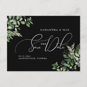 Elegant Greenery Black Photo Save Date Vykort